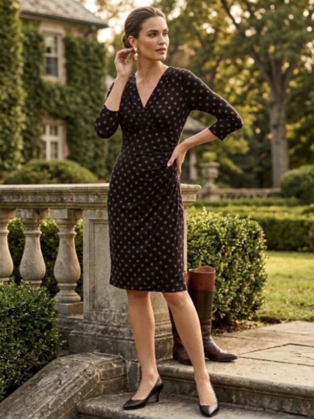 Lauren Ralph Lauren Black Long-Sleeve Sheath Dress Tan Geometric Ruched Wrap